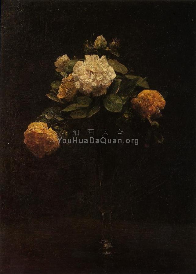 White and Yellow Roses in a Tall Vase - 亨利·方丹·拉图尔